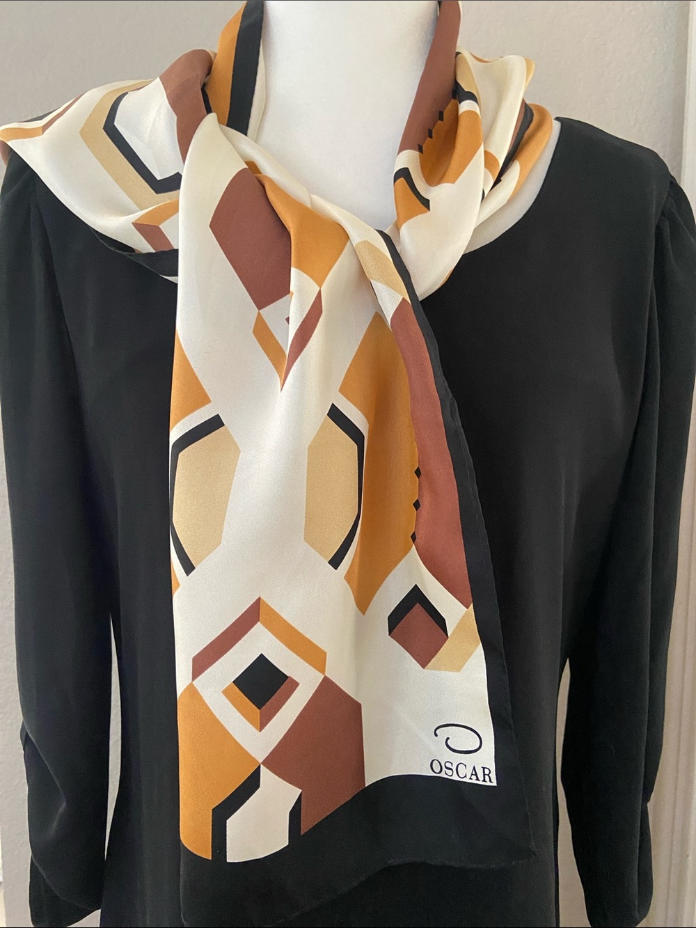 Oscar de la Renta Geometric Silk Scarf in Shades of Brown & Cream, Black Border - Picture 5 of 12